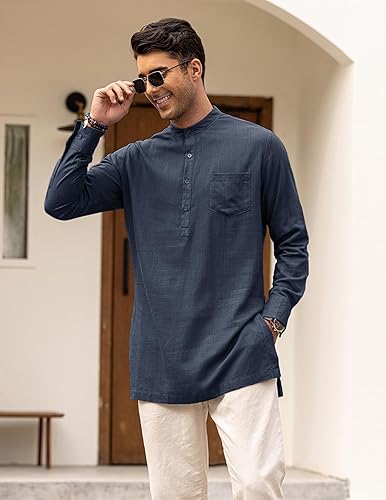 COOFANDY Men's Linen Henley Shirts Long Sleeve Casual Collarless