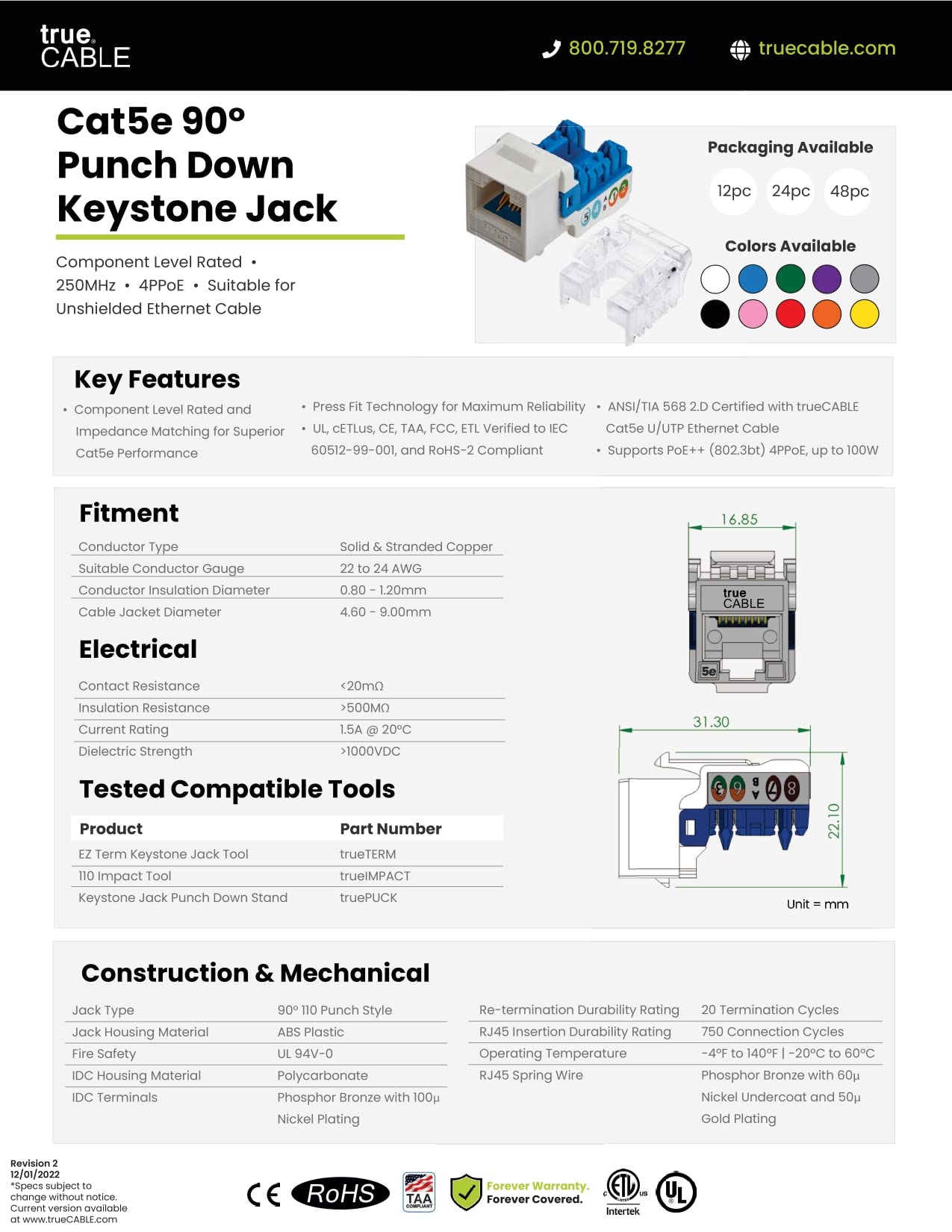 trueCABLE Cat5e Keystone Jack, Unshielded (UTP), 90