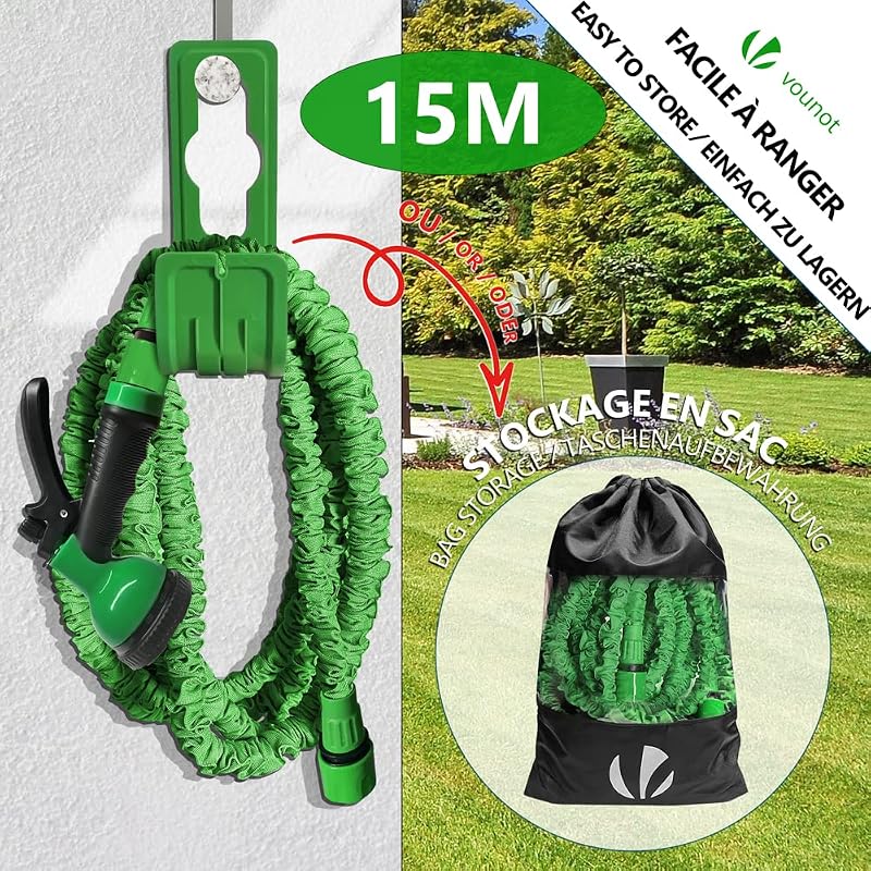 ® Tubo Irrigazione Estensibile 15m, Tubo Flessibile da Giardino con Pistola a Spruzzo d'Acqua 10 Funzioni, Connettore 1/2" e 3/4" e Gancio e Organizer Inclusi, Verde