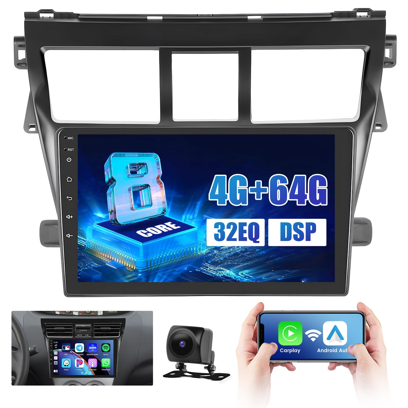 Photo 1 of 8 Core Android Car Stereo for Toyota Yaris Vios 2007-2012, 9" HD Touchscreen for Yaris Vios, Wireless CarPlay/Android Auto, 5G WiFi, Bluetooth 5.0, 1280 * 720, 32EQ, GPS Navigation, 4GB+64GB