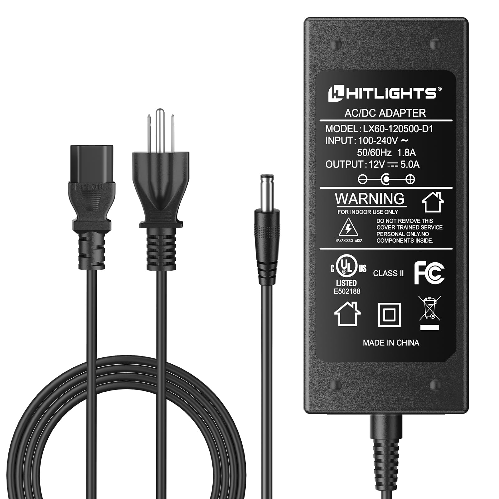 HitLights LED Power Adapter with Lighting Transformers and Power Supply for LED Strip (5 Amps, 110V AC - 12V DC Transformer/Driver, UL-Listed) 60Watt - UL Black