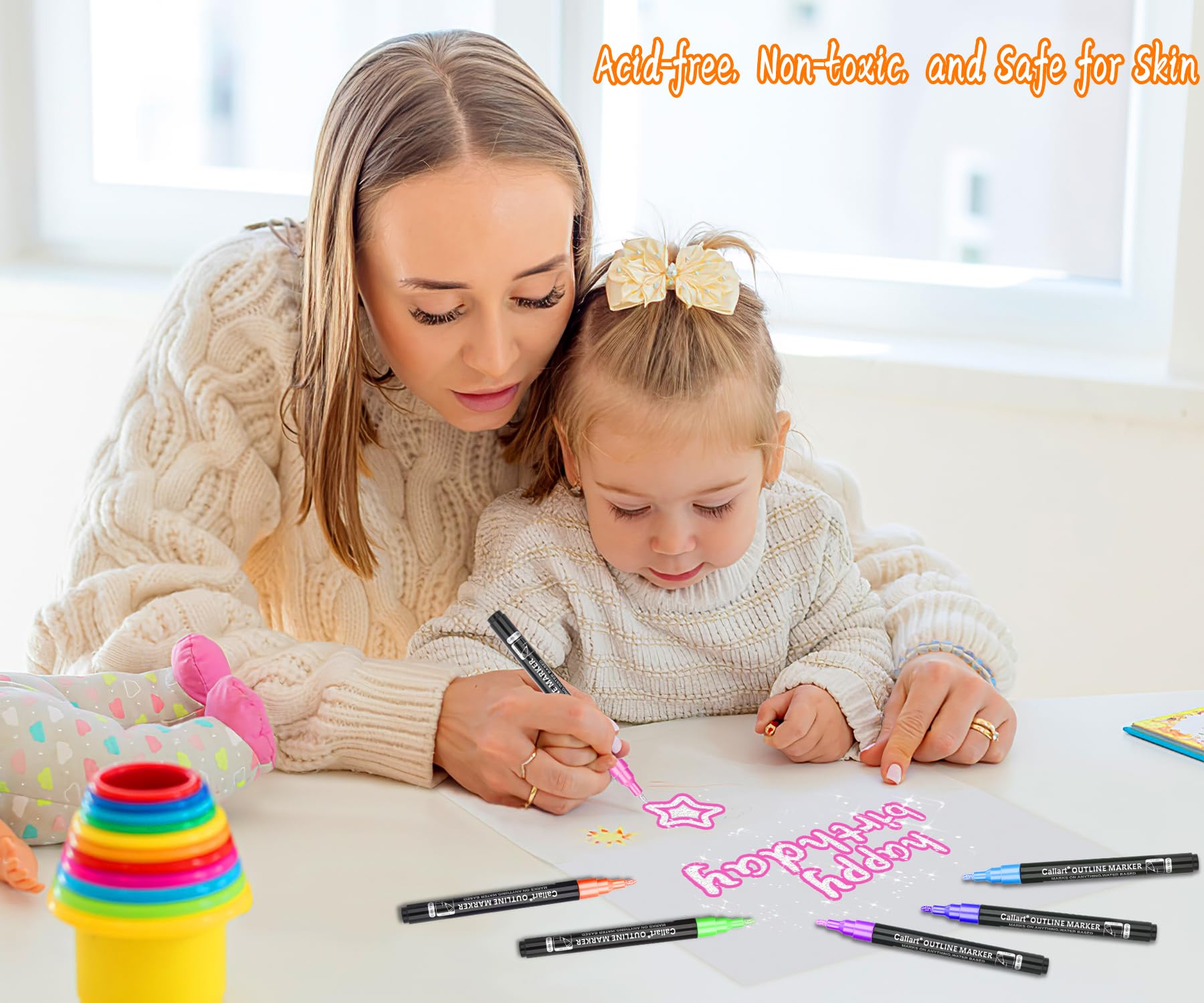 Caliart 24 Colors Outline Shimmer Markers, Glitter Metallic Marker Pens, Stocking Stuffers for Teen Girls Boys Adults Christmas Gifts Trendy Stuff, Cool Fun Craft Drawing Arts Supplies Set