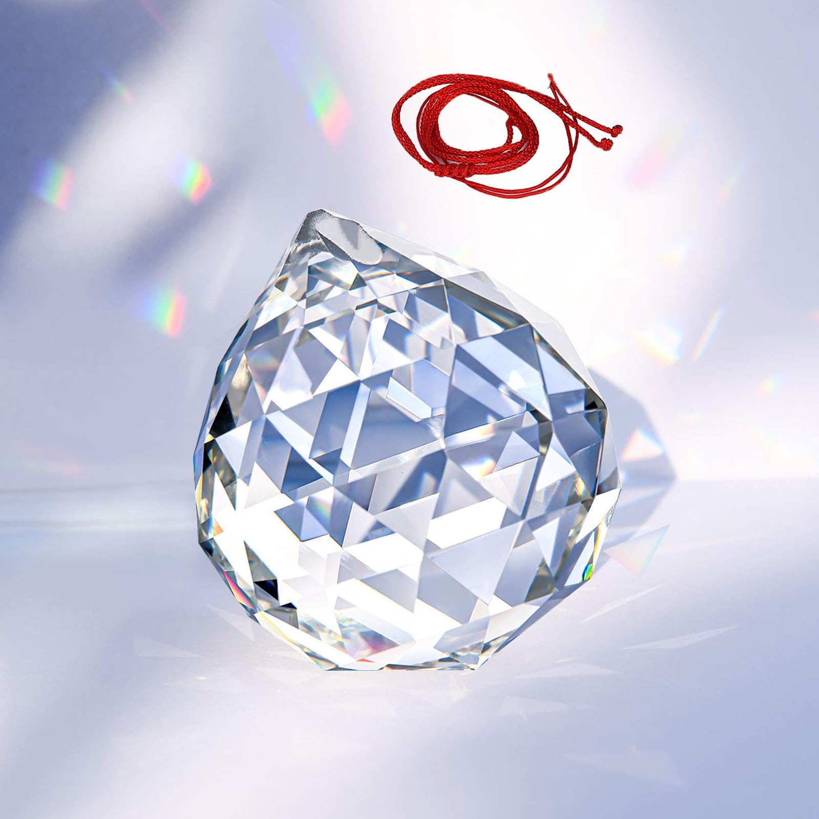 Hisredsun Large Crystal Prism Ball with a Red Lanyard, 80 mm K9 Crystal Decorating Hanging Faceted Prism Balls Window Rainbow Suncatcher