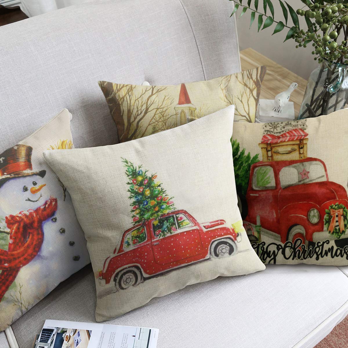 TIGERNU Throw Pillow Covers 18x18 inch (45x45cm) Linen Pillowcases Christmas Decorations Winter Snow Auto Church Cushion Cover for Couch Bed Sofa Car- Set of 4
