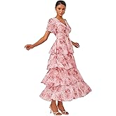 ADOR Women's Floral Summer Empire Waist V Neck Casual Long Flowy Chiffon Maxi Dress Ruffle Tiered Short Sleeve A-line Dreses
