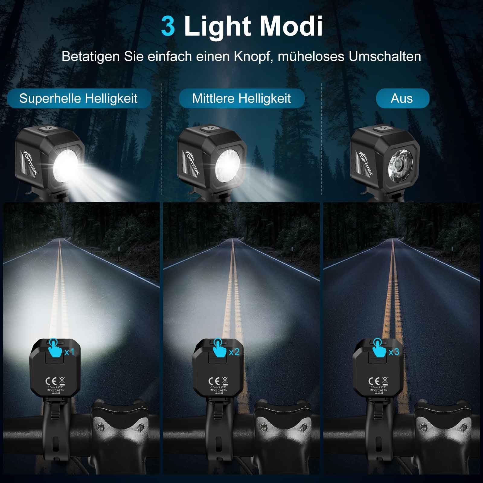 toptrek Fahrradlicht Set USB Aufladbar, StVZO zugelassen Fahrrad Lichter Led Set, IPX5 Wasserdicht Fahrradbeleuchtung Set, Batterie Aufforderung Schwach, Frontlicht & Rücklicht Set 4