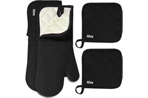 Klex Extra Long Silicone Oven Mitts and Pot Holders, 932°F Degrees Heat Resistance with Quilted Liner Oven Gloves and Hot Pads, 4 Piece Set, 15 inch, Black