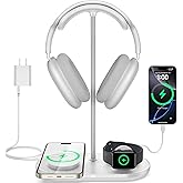TopMade 5 in 1 Headphone Stand for Desk with Wireless Charger & USB Charging for iPhone/AirPods/iWatch, Universal Desktop Gaming Headset Holder for Airpods Max, Bose, Beats, Razer and More, White