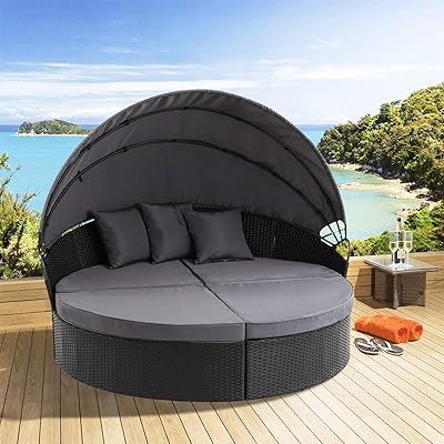 Oakmont Patio Furniture Outdoor Daybed Round Sofas with Canopy, Black Wicker, 4 Pieces Seating Separates Cushioned Seats,Lawn Poolside Garden