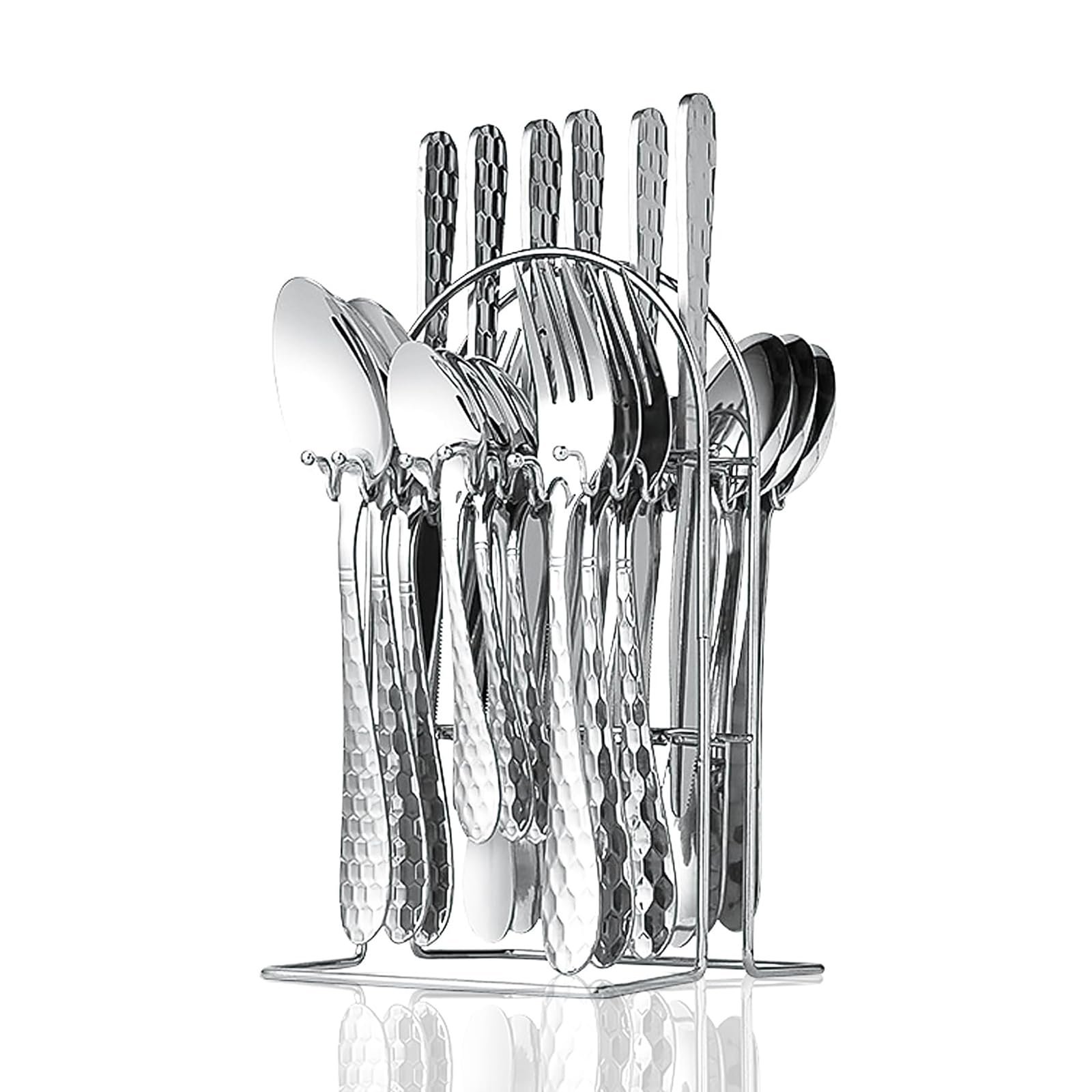 Cutlery Set, 24 Pieces Silverware Cutlery Set with Metal Hanging Stand, Stainless Steel Flatware Set for 6 Person, Mirror Polished Tableware Set for Home, Kitchen, Restaurant (Silver)
