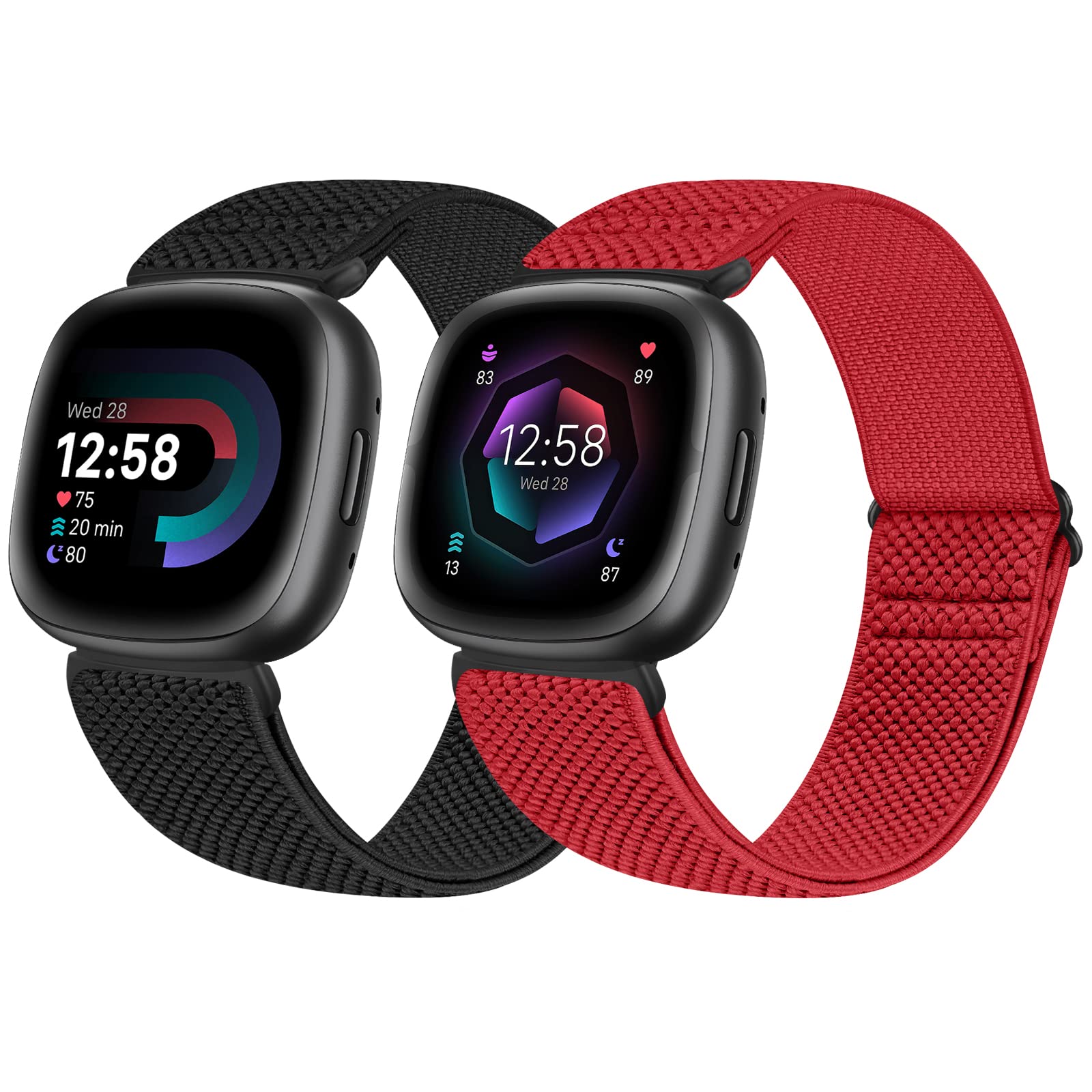 enkic 2 Pack Elastic Watch Strap Compatible with Fitbit Versa 4/Fitbit 3, Adjustable Nylon Loop Sport Stretchy Replacement Wristband for Men Women, Black+Red