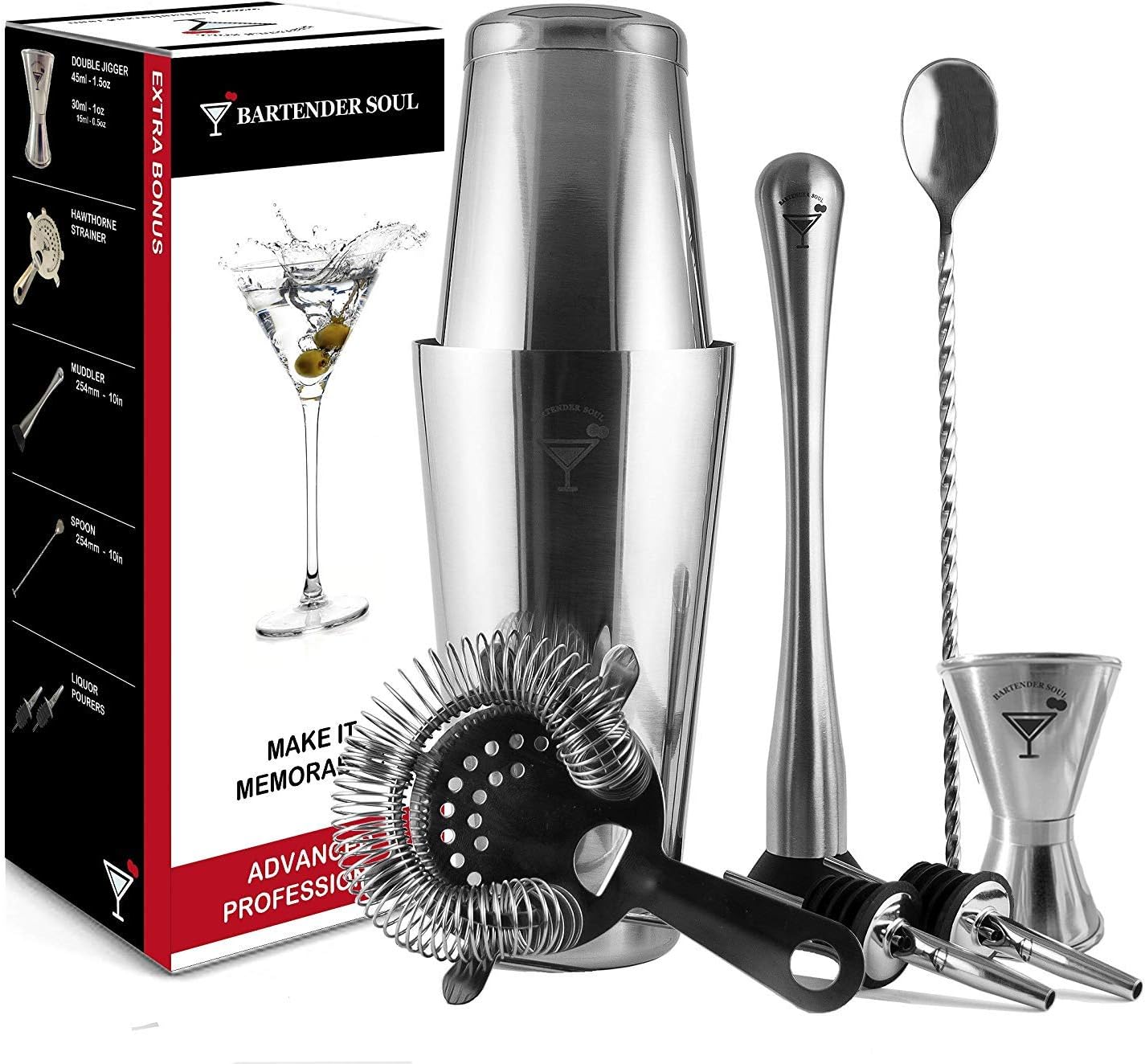 Professional Boston Cocktail Set by BARTENDER SOUL - Double Weighted Bar Shaker (18oz & 28oz), Hawthorne Strainer, Jigger, Muddler, Spoon, Pourers and Recipes - 0.8mm and 18/8 304 Real Quality Steel