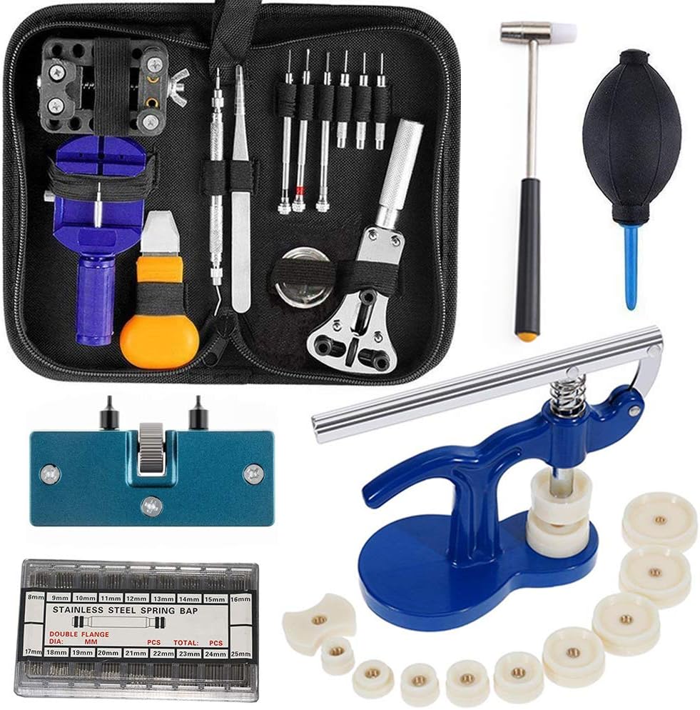 Watch Repair Tool Kit Professional - Watch Tools Including Watch Press Kit, Larger Rubber Dust Blowers, Spring Bars, Watch Battery Replacement Tool Kit,Watch Band Link Pins with Carrying Case (406pcs): Home Improvement
