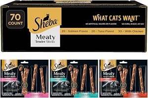 Sheba Meaty Tender Sticks Cat Treats, Chicken, Salmon, & Tuna, 70 Count | Chicken, Tuna & Salmon flavor, real meat, healthy fats & fatty acids, essential amino acids, soft texture, no artificial dyes