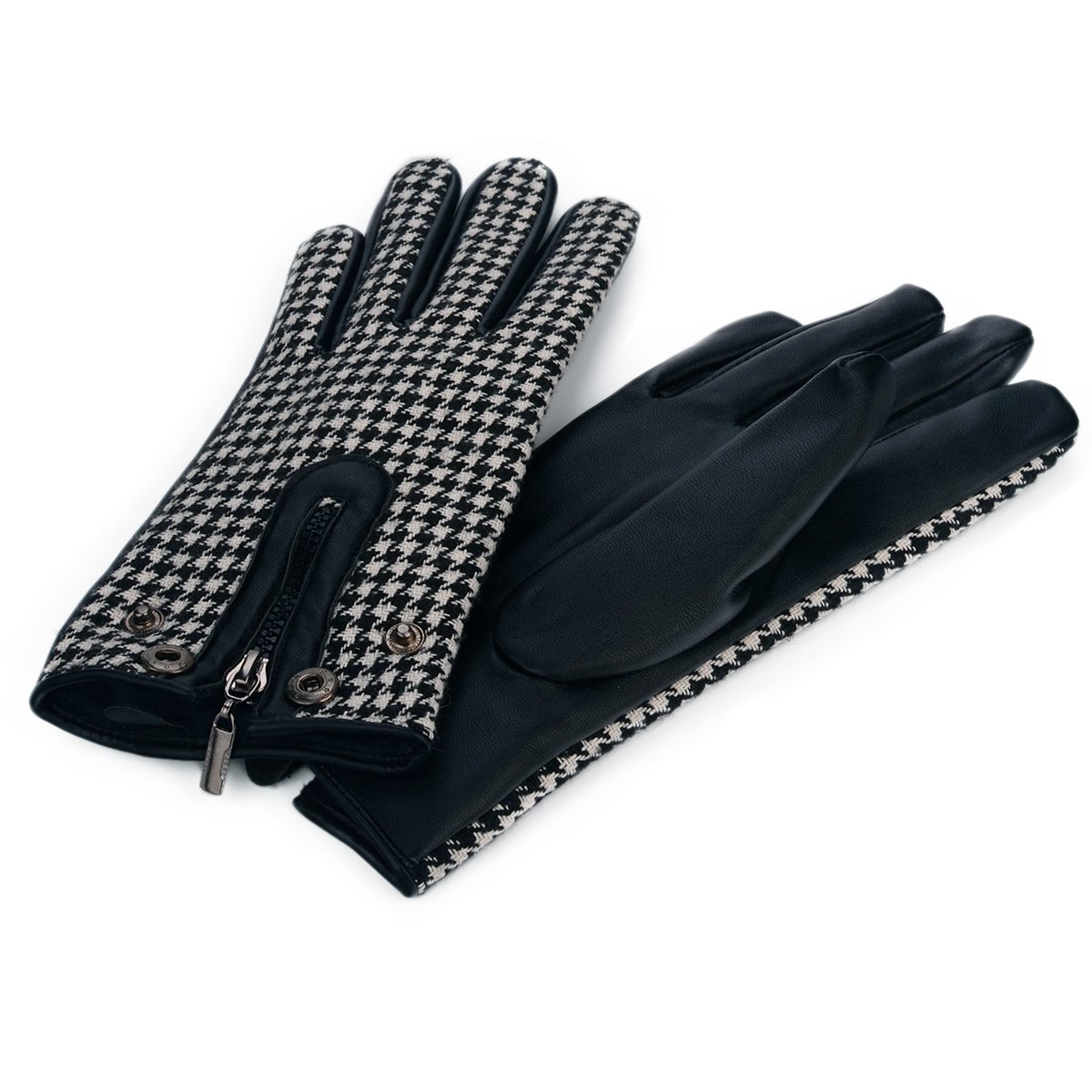 Flammi Womens Driving Gloves Houndstooth Zippered Pu Leather Gloves Lightweight