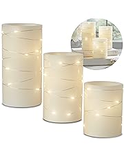 Laura Ashley 3-Piece LED Candle Set with Daily Timer, Flameless Candles, Real Wax, Battery Powered, Electric Candlelight Dances, Embedded String Lights Stay Lit, Tiered Pillars