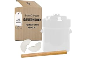 Humble House SAUERKROCK Fermentation Crock 5 Liter / 1.3 Gallon Ceramic Jar in Natural White for Fermenting Pickling Kimchi, Sauerkraut, Pickles, Vegetables, Kombucha-Glazed Weights, Lid, Pounder