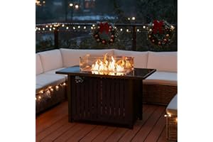 NAGA BAHNA 43 Inch Outdoor Propane Fire Pit Table 50,000 BTU, Rectangle Gas Fire Pit with Glass Wind Guard & Tempered Glass Top for Outside Patio & Backyard, Includes Rain Cover & Glass Beads