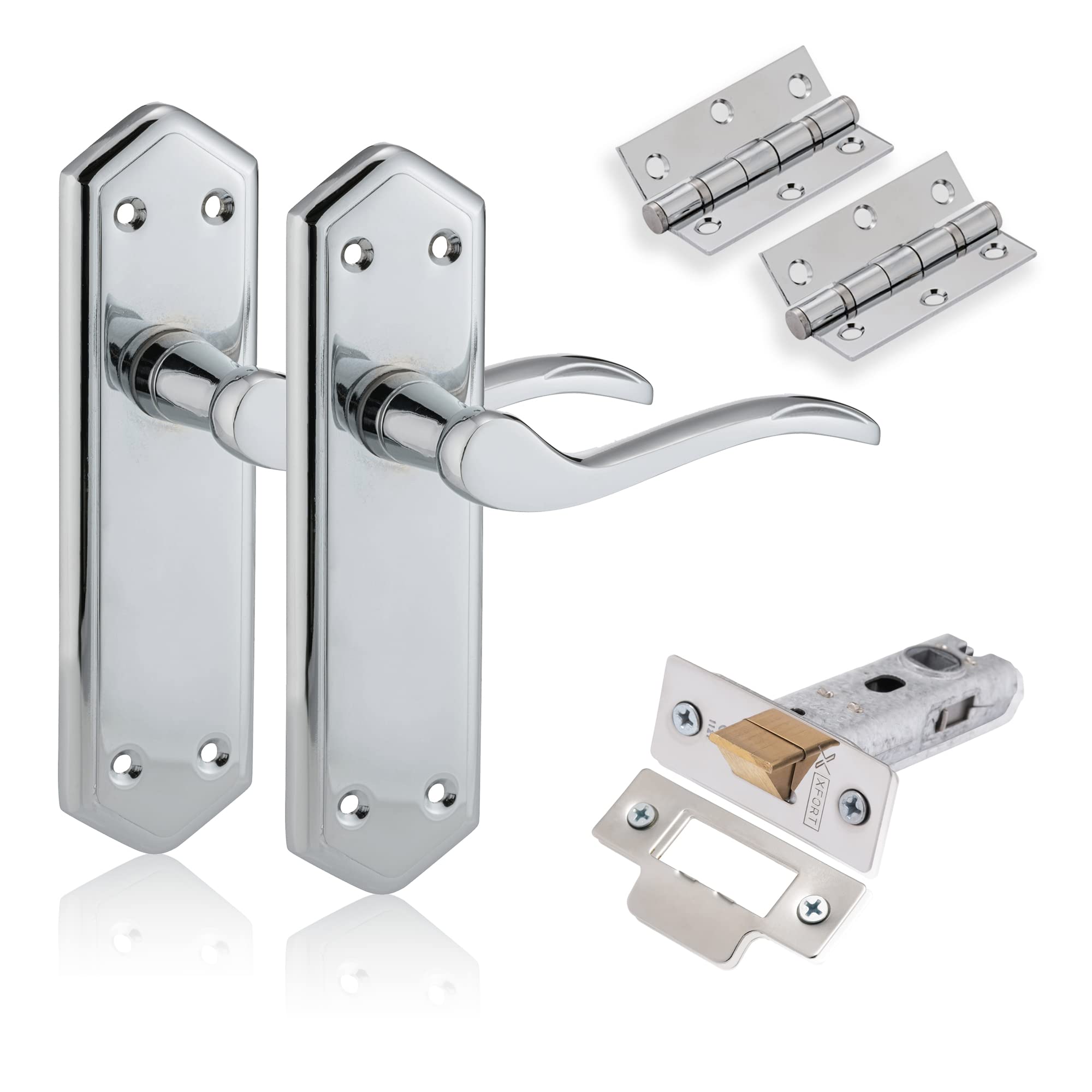 XFORT Chrome Elegance Range Polished Chrome London Suite Lever Latch Door Pack, Complete Set with Door Handles, 65mm Tubular Latch and 75mm Ball Bearing Hinges, for Internal Wooden Doors. — image 1
