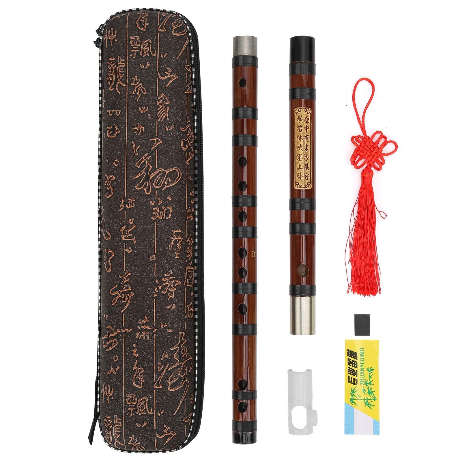 LiebeWH Bamboo Flute, D Sharp Key, 8 years of dry bitter bamboo, Traditional Wind Instrument with Chinese Poems Engraving, Kit for Beginners