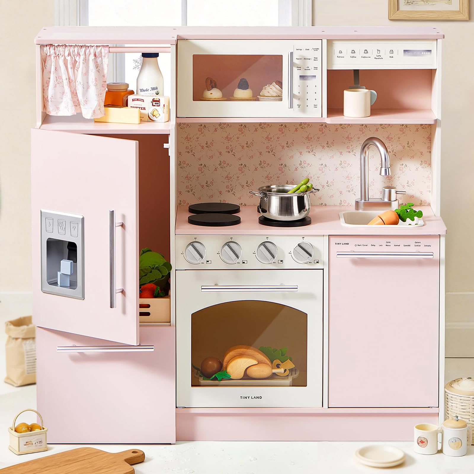 Photo 1 of ** NEW **** Tiny Land Play Kitchen for Kids, Upgraded Wooden Kitchen Toy with Complete Play Areas, Pretend Cooking Set with Sink, Stove, Microwave, Toy Coffee Station & Storage for Kids Ages 3+