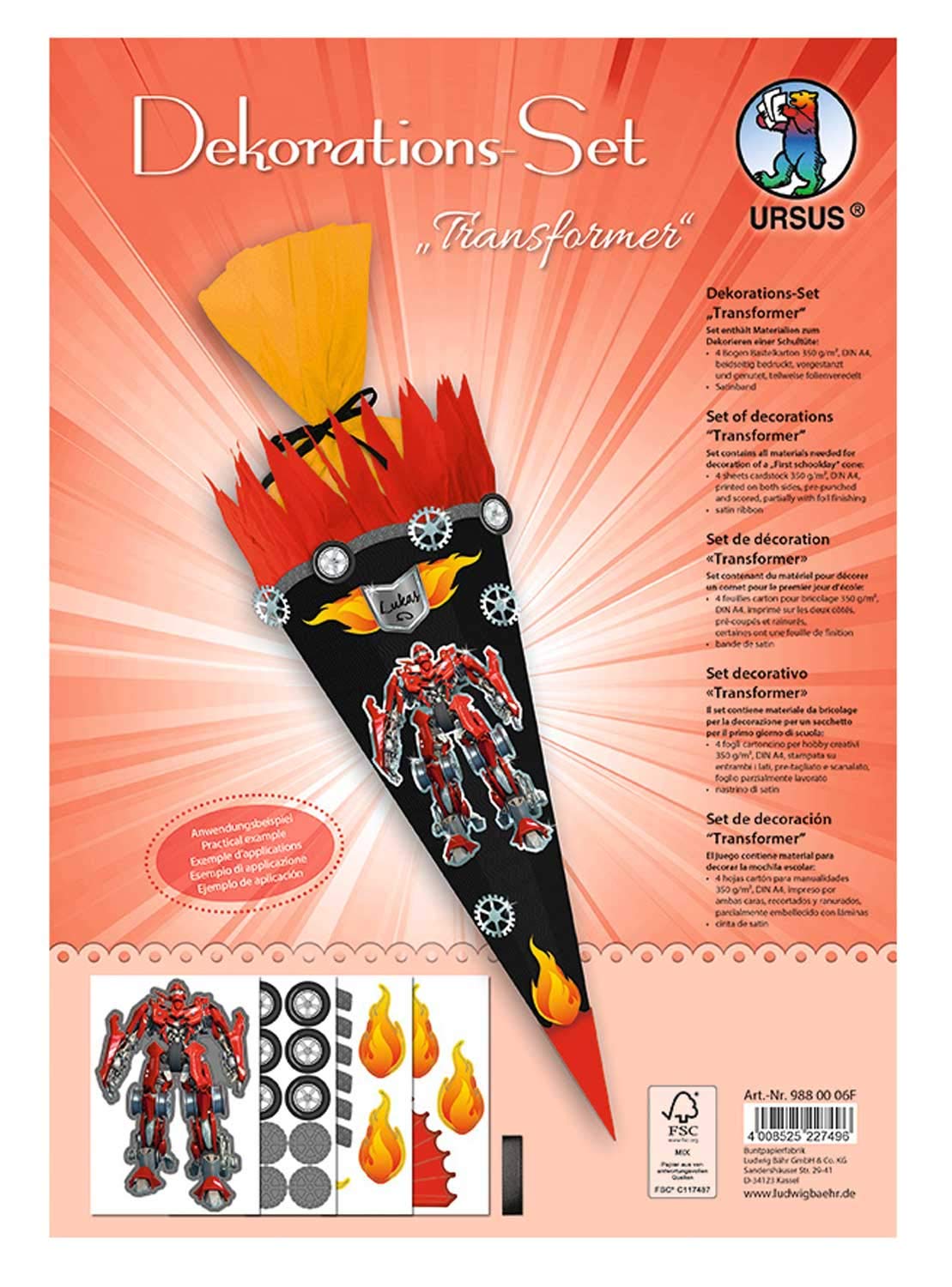 Ursus 9880006F Decorative Set Transformer, 4 Sheets of Craft Cardboard DIN A4, Printed on Both Sides Pre-Cut, Grooved, for Decorating a School Cone Partially Finished with Satin Ribbon, Colourful