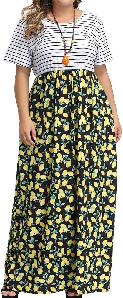 Allegrace Women's Plus Size Floral Print Striped Patchwork Maxi Dress Short Sleeve Long Dresses