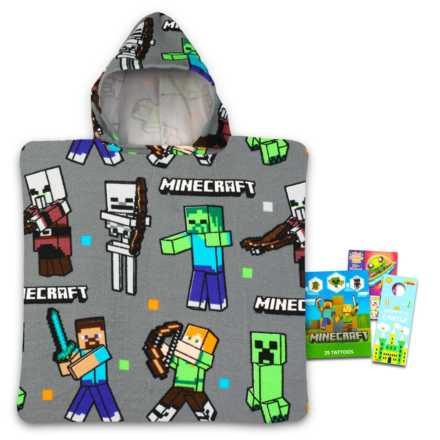 Photo 1 of Minecraft Kids Hooded Towel Set - Bath Towel Poncho Bundle with Tattoos