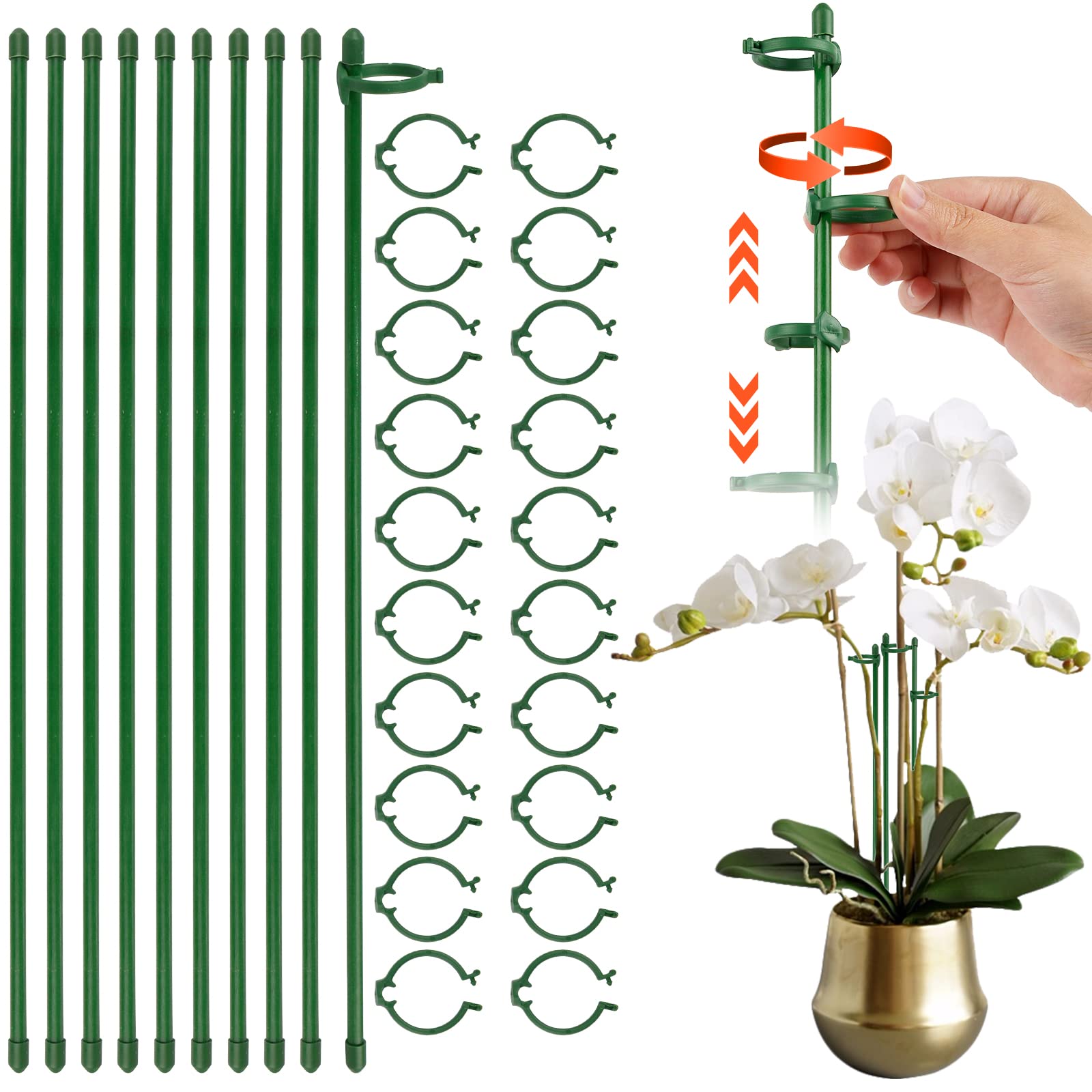40CM Garden Plant Support Stakes with Clips, Garden Fiberglass Green Plant Sticks Support, 10Pcs Plant Support Sticks with Rings for Indoor and Outdoor Plants, Flowers, Tomatoes, Potted Plants (40CM)