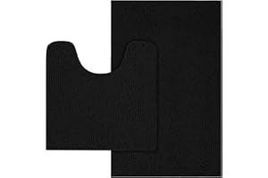 MAYSHINE 2 Piece Chenille Bathroom Rug Toilet Set, Ultra Soft Shaggy Non Slip Toilet Mats, Water Absorbent, Machine Washable Plush Bath Mat Contour and Rectangle (Black, 32x20 / 20x20 Inches U-Shaped)