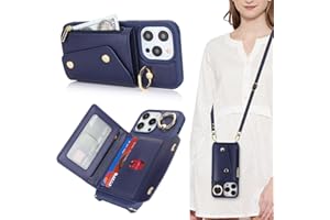 Lipvina for iPhone 15 Pro Case with Card Holder and Strap - Zipper Pocket,Crossbody Lanyard Strap,Credit Card Holder,Stand Ring,Cute Phone Wallet Case for Women(Dark Blue,6.1 Inch)