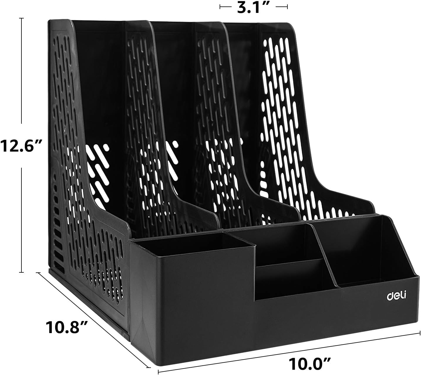 Deli Magazine File Book Holder Desktop Organizer Vertical Folder with Pencil Holder and Storage Baskets for Desk Accessories, 3 Compartments, Black : Office Products