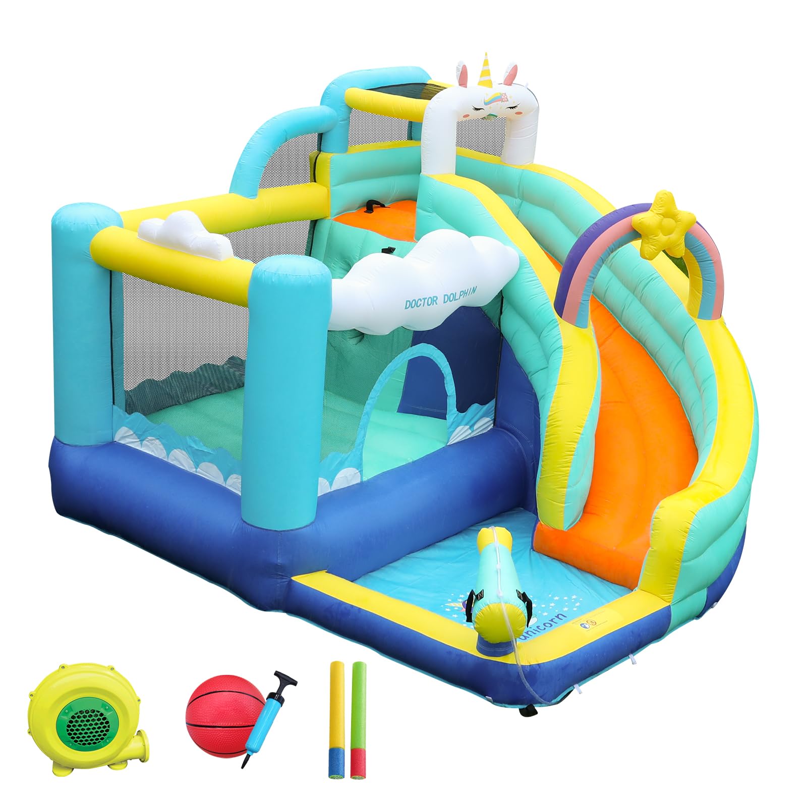 Photo 1 of ***FACTORY SEALED***Doctor Dolphin Bounce House, Unicorn Water Slide Bounce House, Water Slides for Kids Backyard, Inflatable Water Park for Kids, Water Bounce House with Slide, Splash Pool, Basketball Hoop