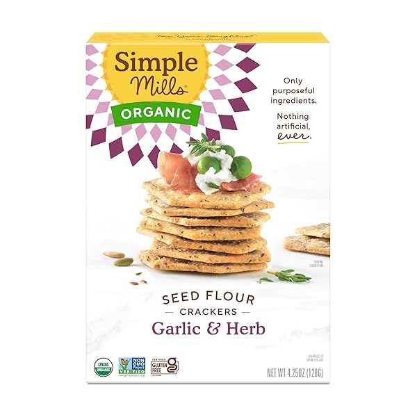 SIMPLE MILLS ORGANIC SEED CRACKERS, GARLIC & HERB – GLUTEN FREE, VEGAN, HEALTHY SNACKS, PALEO FRIENDLY, 4.25 OUNCE (PACK OF 1)