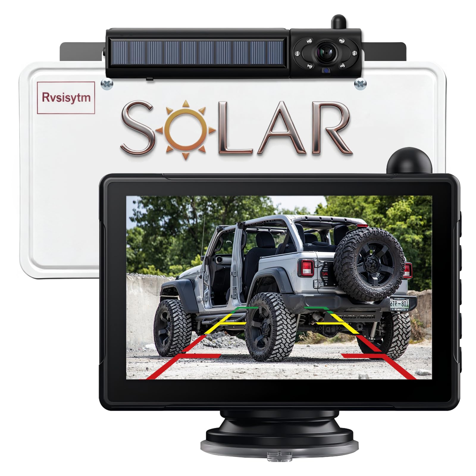 Photo 1 of Rvsisytm 1080P Solar Wireless Backup Camera with 5in Monitor, 5000mAh Rechargeable Battery and Solar Panel, IP69K Waterproof, IR Night Vision, Support 2 Cameras, for Car, RV, Trailer, Camper (0092)