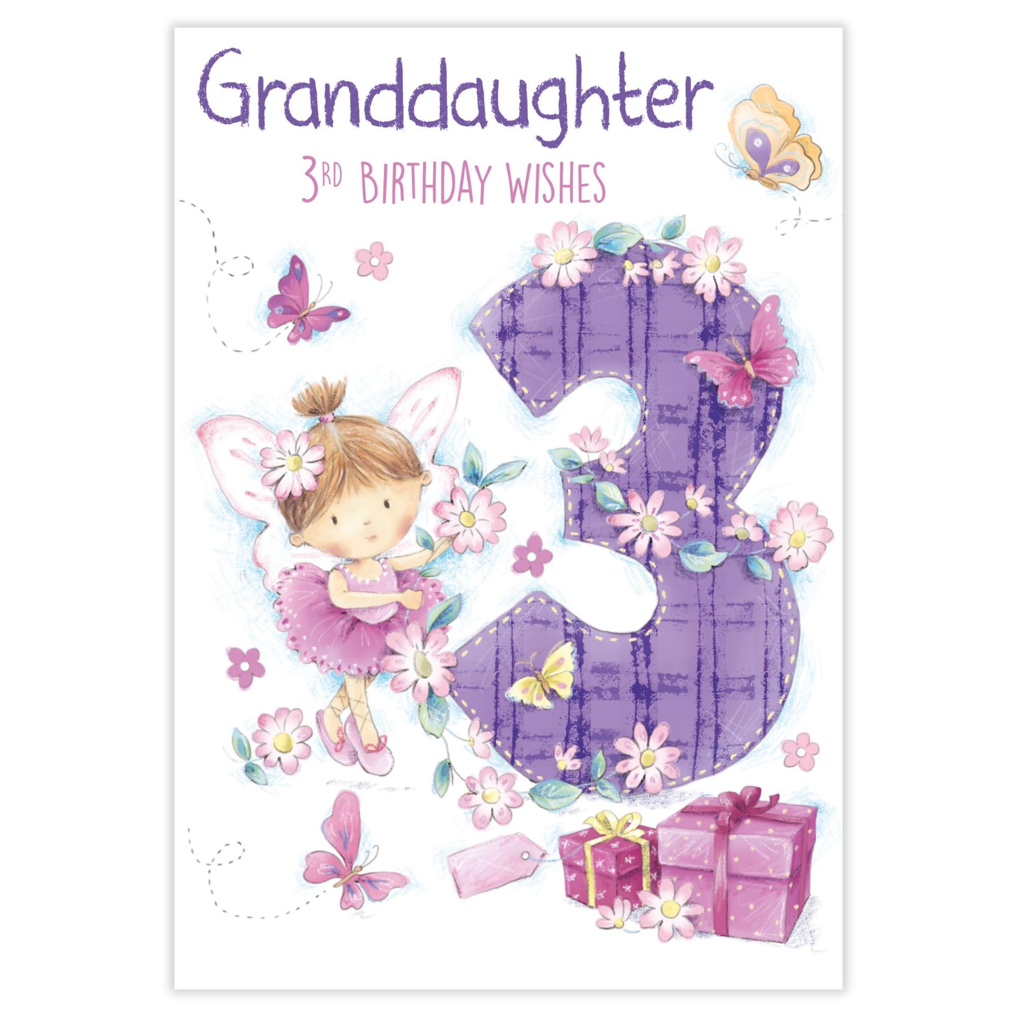 Nigel Quiney 3rd Birthday Card for Granddaughter - Age 3 Fairy, Flowers & Butterflies Design - Birthday Greeting Card for Girls with Envelope