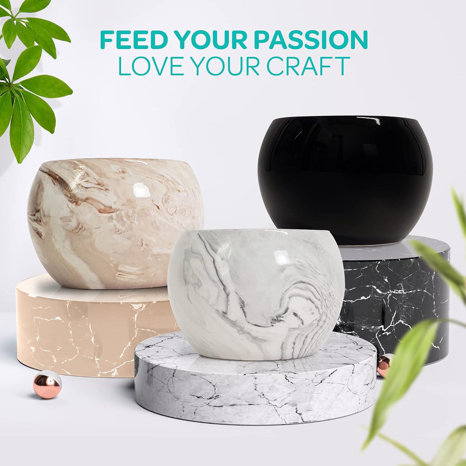 Hearts & Crafts Gray Marble Ceramic Bowls for Candle Making - Multi-Use Ceramic Pots for Arts & Crafts, Storage, Candies, Planter Pots, Gifts & More (13 oz, Set of 6)