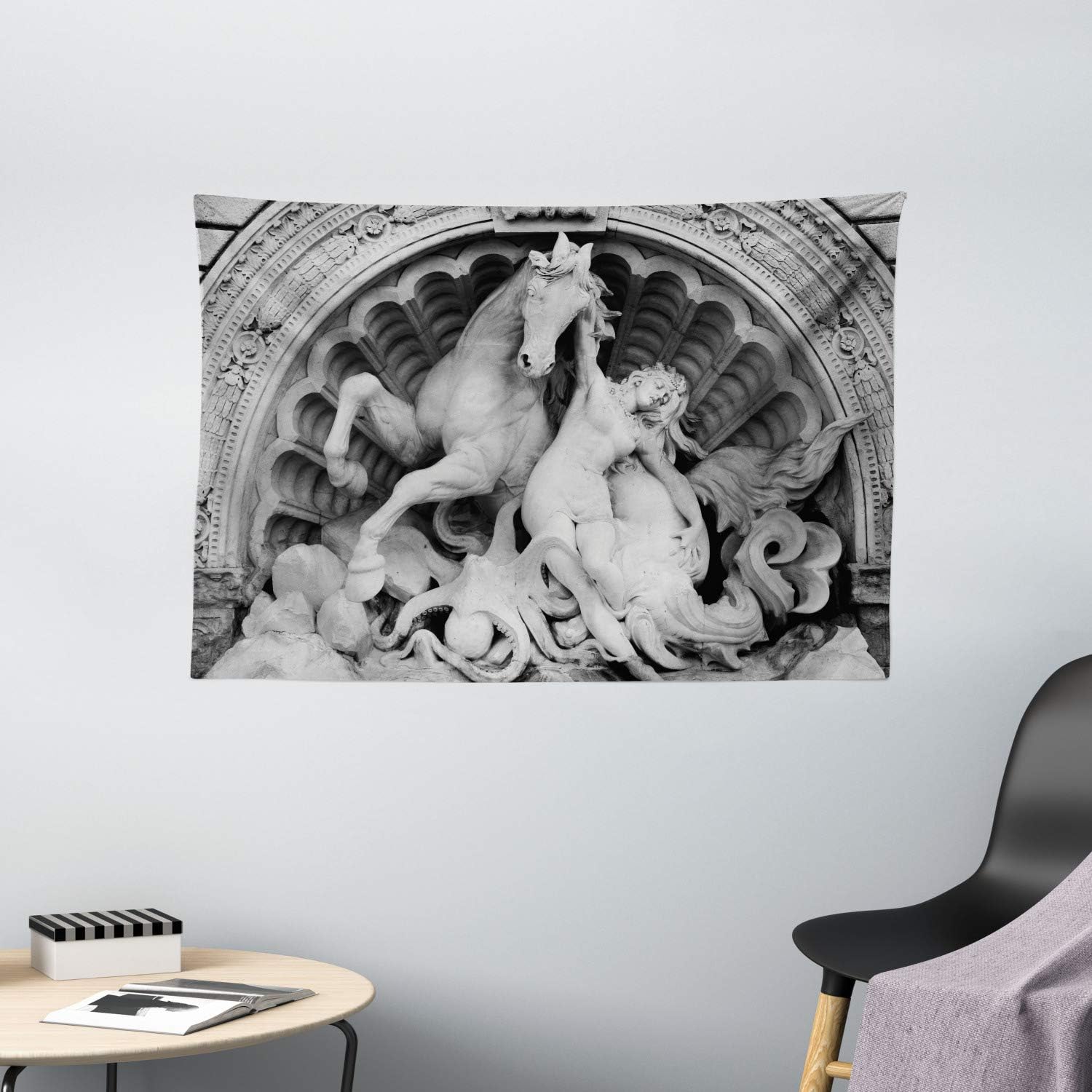 Ambesonne Retro Tapestry, Struggling Nymph with Octopus Seashell Horse in Lunettert in Bologna, Wide Wall Hanging for Bedroom Living Room Dorm, 60" X 40", Grey White