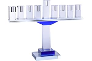 Ner Mitzvah Blue Crystal Hanukkah Menorah, Fits All Standard Chanukah Candles, Modern Crystal Glass Candle Menorah for Chanukah - 9 inch High