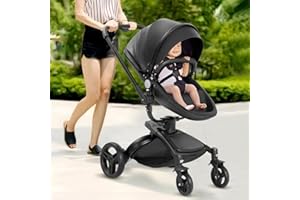 FOREVER QUEEN 2 in 1 High Landscape Convertible Baby Stroller, PU Leather Newborn Reversible Bassinet Pram, 360° Rotating Foldable with Adjustable Canopy, Aluminum Structure, 5-Point Harness for Infant & Toddler