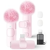 Wireless Lavalier Microphone for iPhone iPad and Android Phone, 2 Pack Lapel Mic Plug and Play Wireless Mic Noise Reduction Microphone for Video Recording Interview Podcast Vlog YouTube Tiktok (Pink)