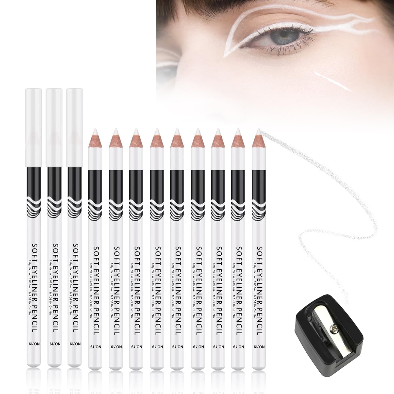 DEJIN White Eye Pencil - 12 Pcs, Eyeliner, Makeup Pencil - For Beginners & Professionals, With Sharpener