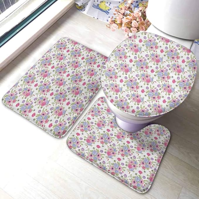 Pastel Decor 3Piece Bath Rug Set Floral Decorations Theme