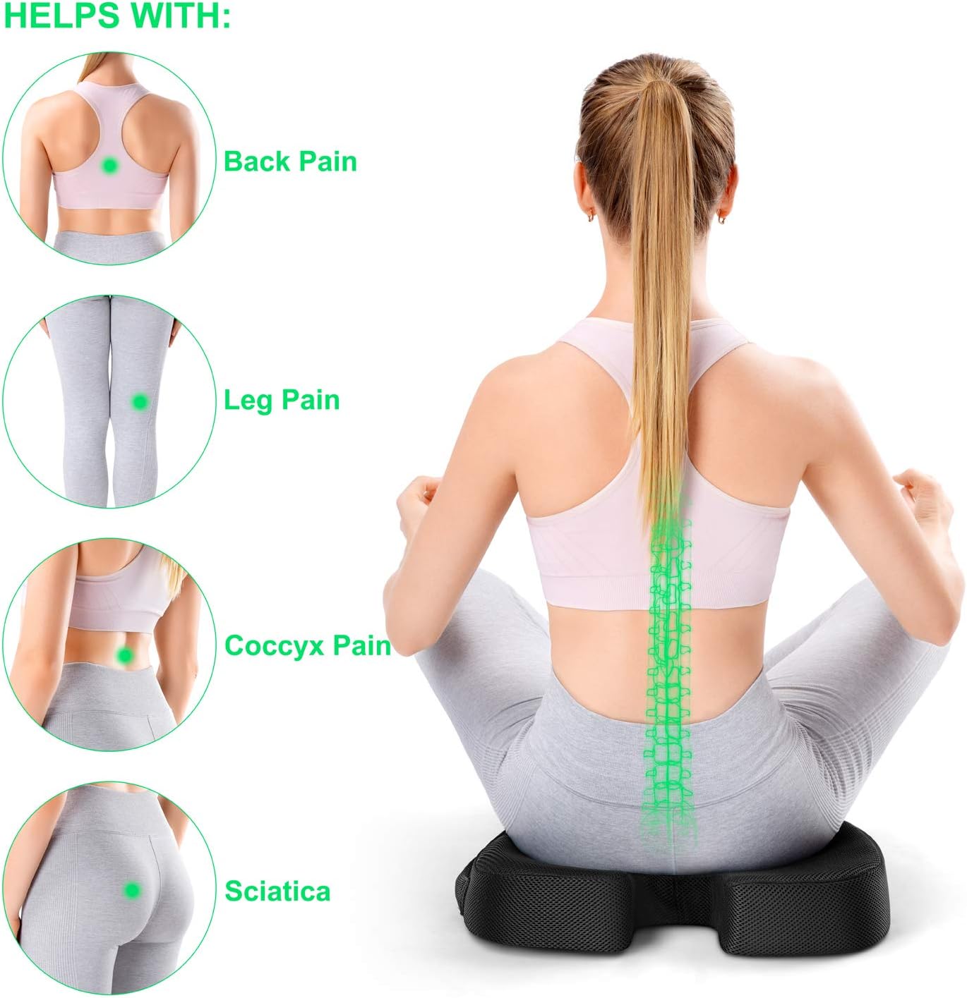 HUISILK Seat Cushion for Office Chair - 100% Pure Memory Foam Car Seat Cushion - Tailbone Pain Relief Cushion - Coccyx Orthopedic Pad - Relieves Back, Hip, Tailbone, Sciatica Pain: Home & Kitchen