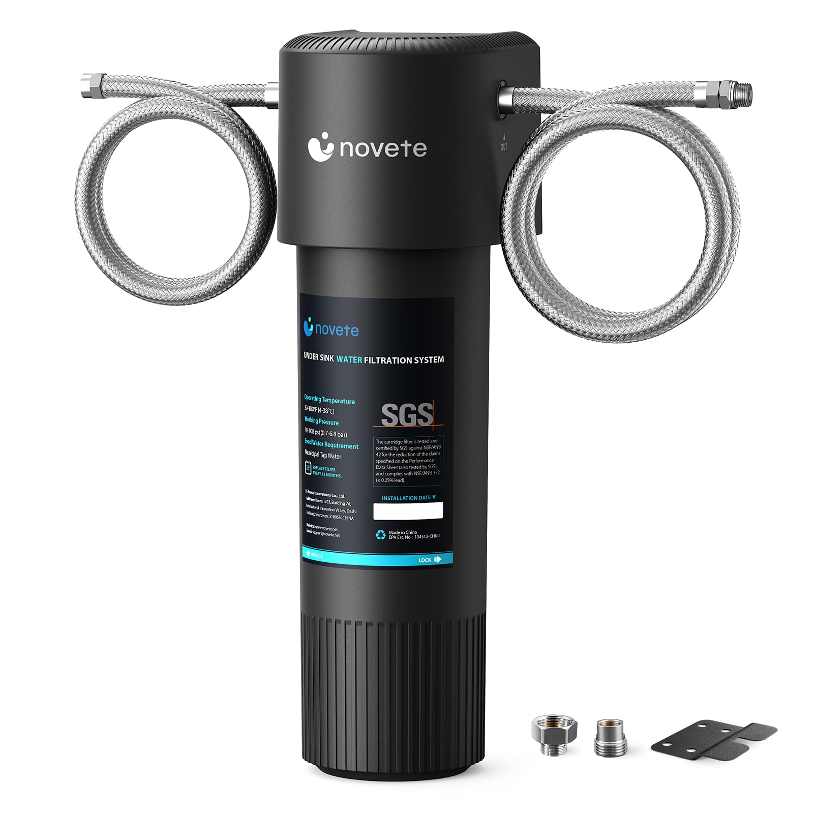 Photo 1 of NOVETE Under Sink Water Filter System, Upgraded 30,000 Gallons, NSF/ANSI 42 & 372 Certified, Reduces 99% Chlorine, Lead, PFOA/PFOS, Bad Taste & Odor, Direct Connect to Kitchen Faucet, UWF1A-PC, Black