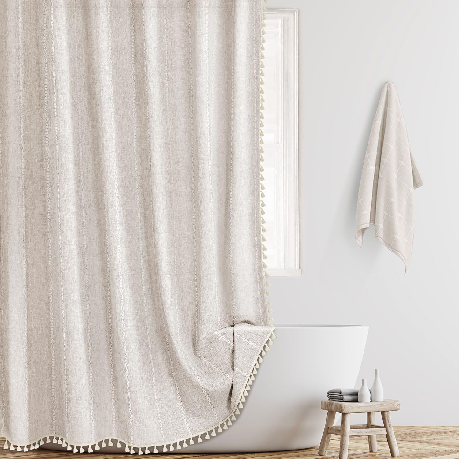 BESBESME Boho Farmhouse Shower Curtain Set with Hooks, Striped Linen ...