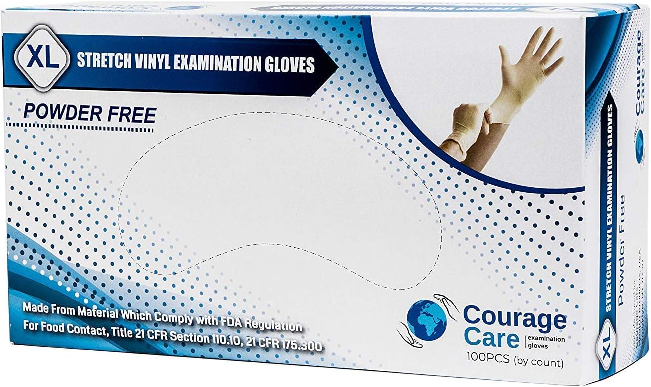 Courage Care Stretch Vinyl Exam Gloves - Latex Free, Powder Free, XL, Case of 2000