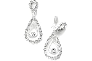 Silver Crystal 2 Layer Teardrop Pear Shape Dangle Clip Earrings Tipped with Upside Down Teardrop Shape