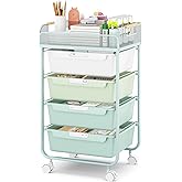 SYKIARIOL Rolling Utility Storage Cart with 4 Drawers - 4 Tiers Rolling Cart Craft Cart, Storage Drawer Cart Organizer for Craft Room Office Bedroom Classroom with Mesh Top & 4 PCS DIY Lable, Green