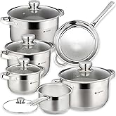 Daniks Standard 11-Piece Stainless Steel Cookware Set with Glass Lids, Includes Saucepan with Lid and Frying Pan, Tri-Ply Bases for Even Heating, Induction Compatible, Dishwasher Safe, Silver
